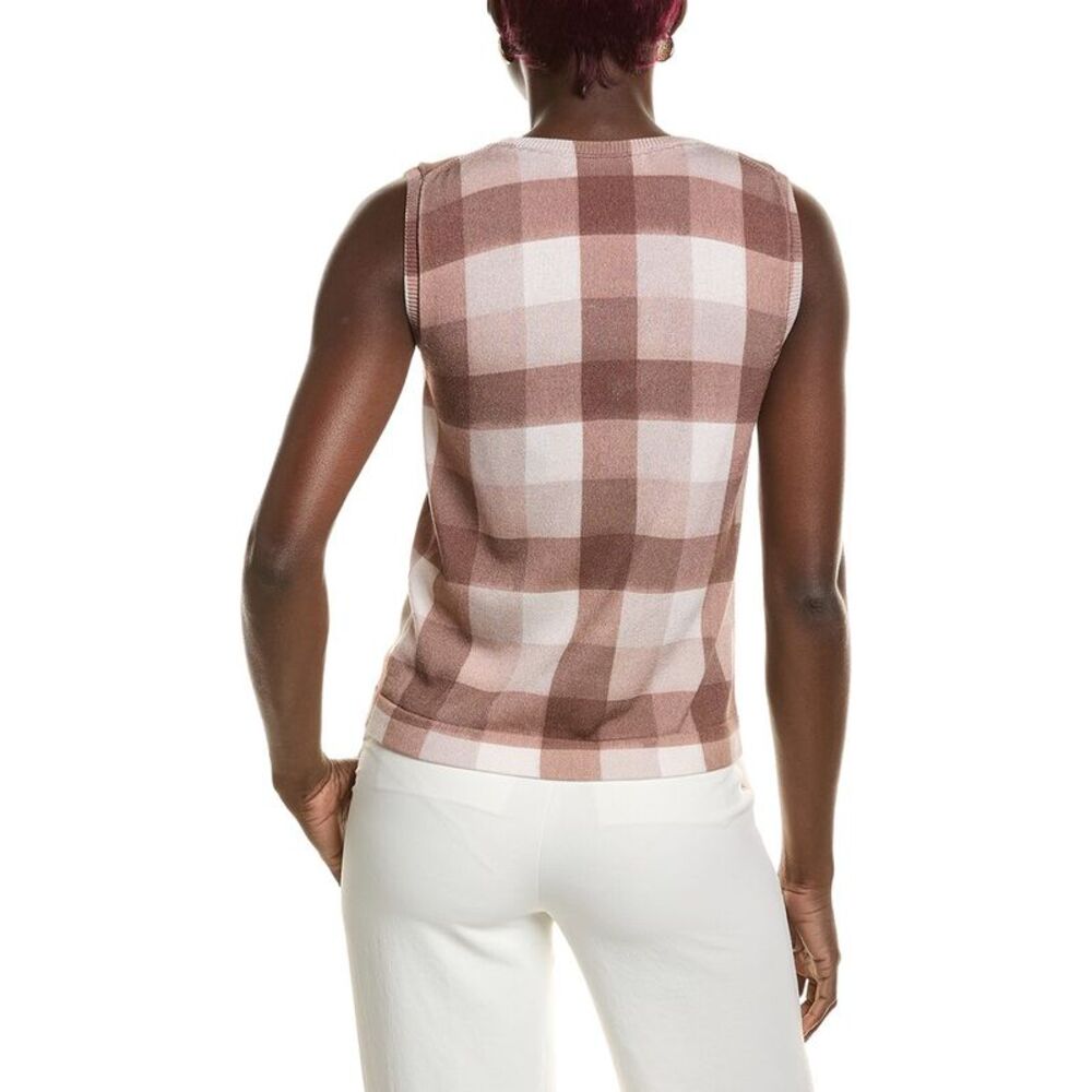 Oscar De La Renta Womens  Printed Plaid Twinset Top, Brown - Picture 2 of 3